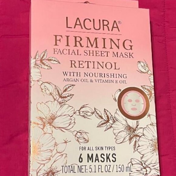 NEW 6 PK LACURA FIRMING / RETINOL & ARGAN OIL & VITAMIN E OIL FACIAL SHEET MASKS - Picture 1 of 5